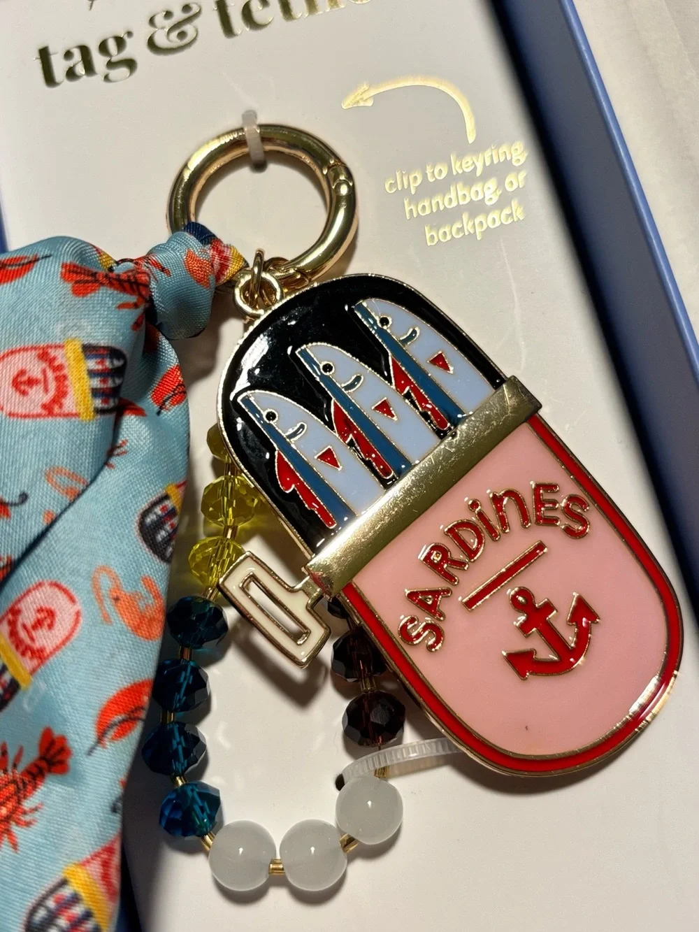 Sardines Blue Red Pink Accent Bag Charm and Key Clip